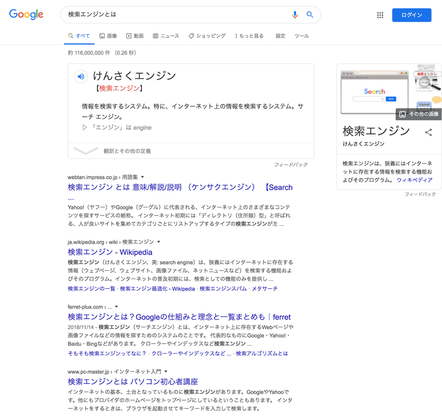 Googleの検索エンジンに表示される検索結果ページ