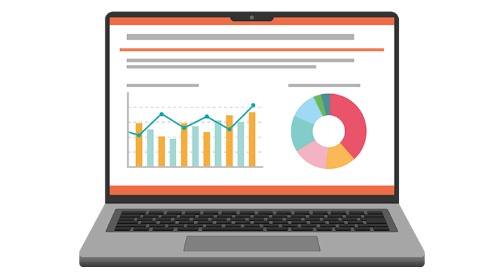 ノートパソコンでホームページのアクセス解析ツールを使っているイラスト